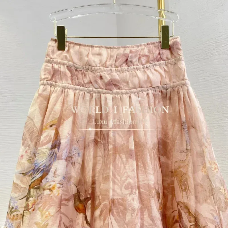 핑크 플로럴 버드 프린트 플리츠 스커트 2025 린넨 실크