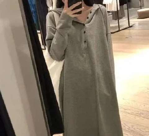 Abito con cappuccio a linea A Minigonna a maniche lunghe Abito t-shirt casual comodo con stampa a squame di pesce in puro colore