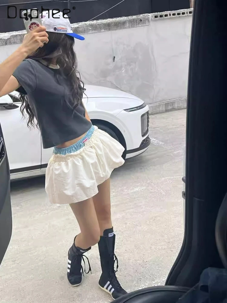 Coreano ins na moda emenda cor cintura elástica mini saia feminina verão nova doce menina personalidade falso saias tutu de duas peças
