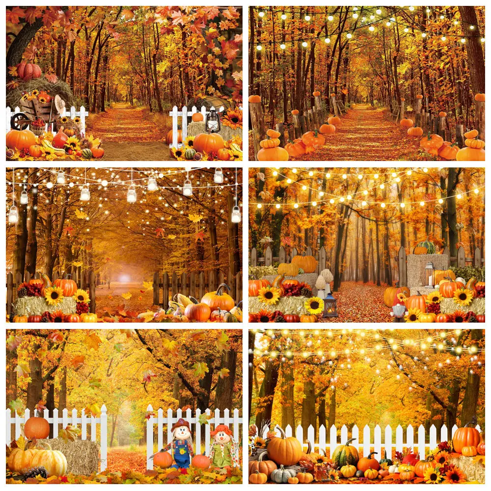 

Autumn Forest Backdrop for Photography Fall Farm Barn Wood Fence Pumpkin Haystack Harvest Thanksgiving Baby Portrait Background