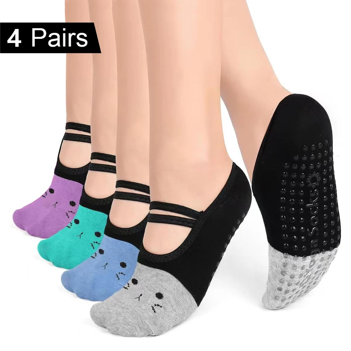 

4 Pairs Anti-slip Yoga Socks Women Cute Backless Bandage Pilates Socks Ladies Ballet Dance Fitness Slipper Cotton Sports Socks
