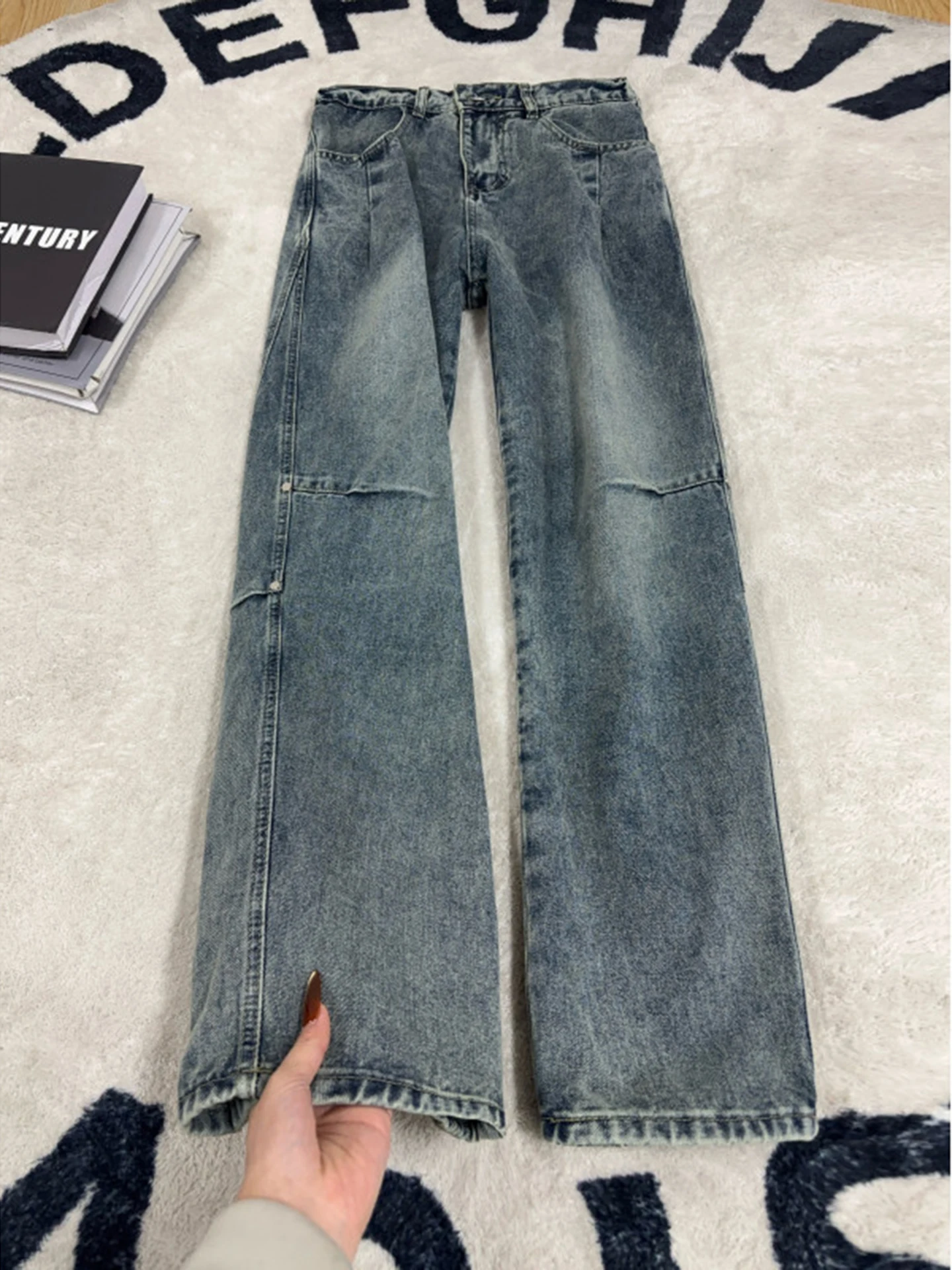 

American Sle Rivet Deconstructed Waed Chinese Trendy Men's Jeans Design Sense Splicing CleanFit Pants Elastic Straight Le...