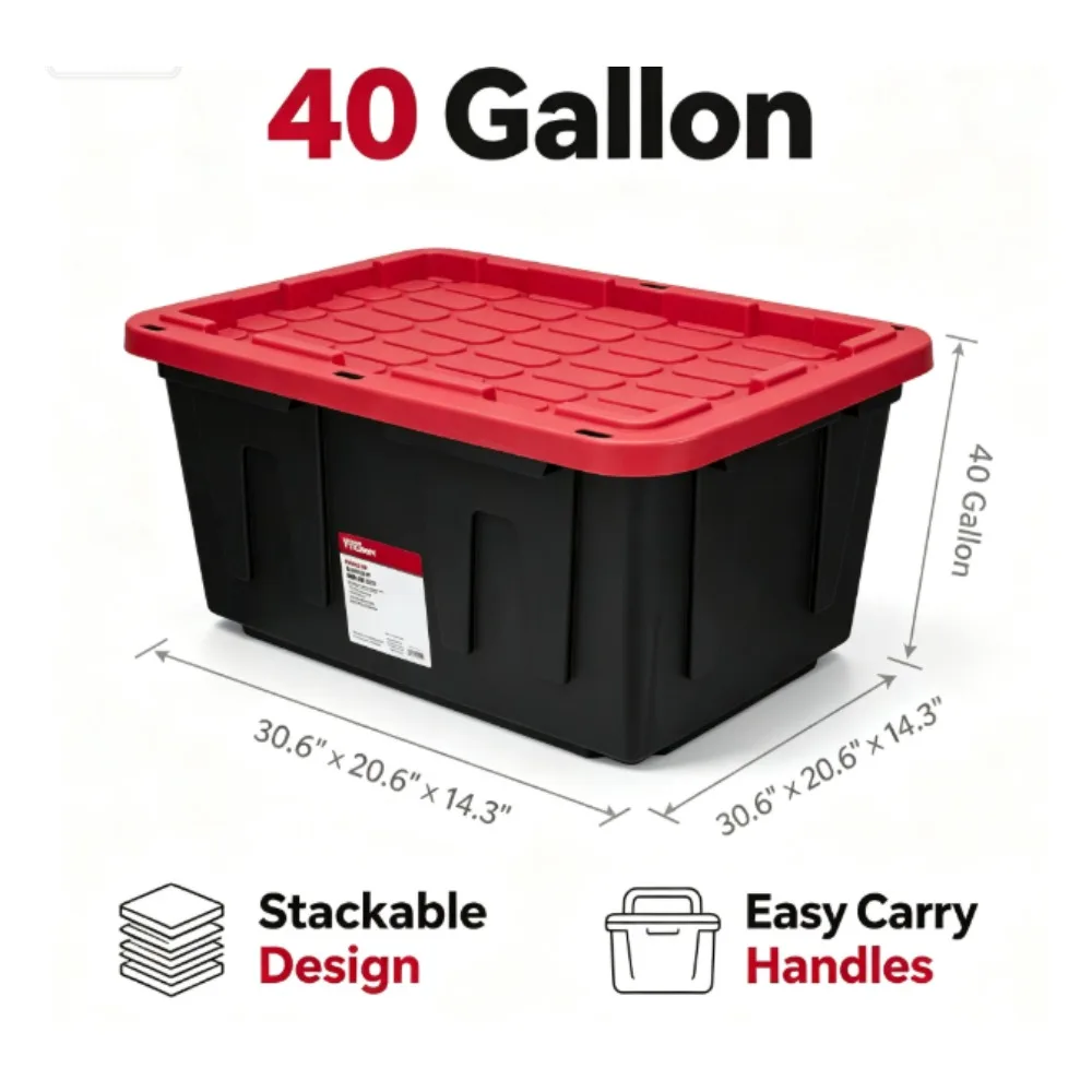 Caja de almacenamiento Hyper Tough de gran capacidad de 27 galones con tapa a presión, combinación de colores negro y rojo, contenedor de almacenamiento de plástico resistente.