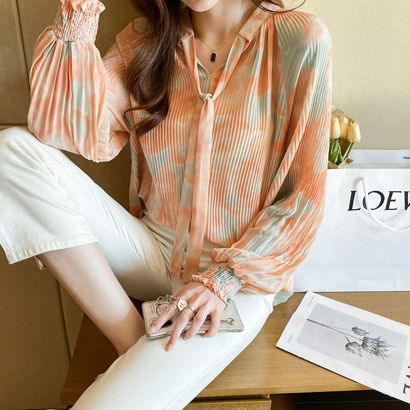 

Women Spring Korean Loose Fashion Striped Bow V-neck Long Sleeve Chiffon Shirt Women Clothes Casual Simplicity Tie Dye Thin Tops