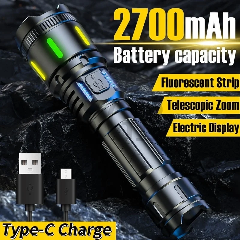 Ultra Powerful LED Spotlight Long Range Flashlight Fluorescent Absorbing Film Luminous Zoom Flashlight Camping Emergency