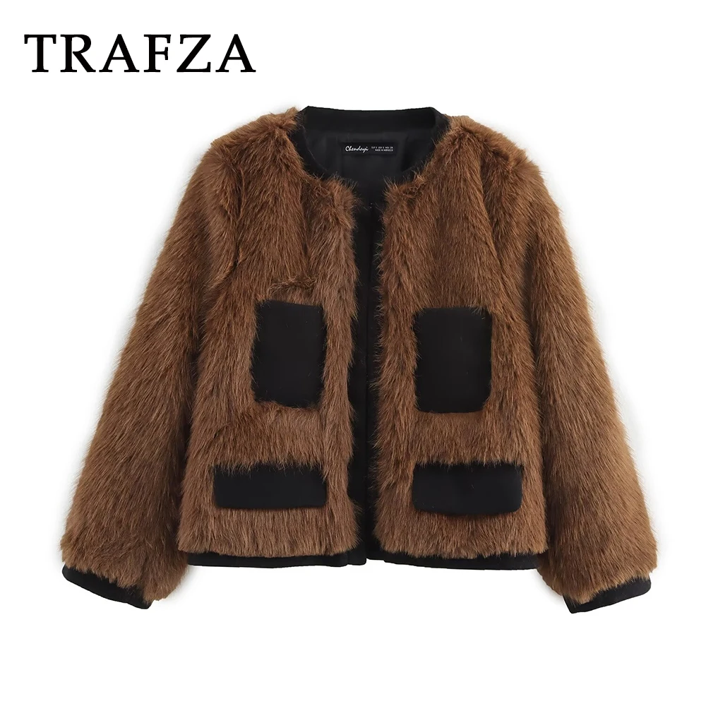 TRAFZA Vintage Brown Patchwork Women Outwear Faux Fur O Neck Noble Streetwear Jacket Fashion 2025 Spring Night Party O Neck Coat