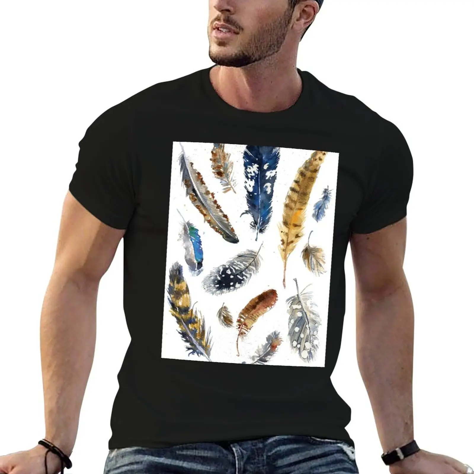 British Game Birds Feathers Collection Watercolour Painting T-Shirt hippie clothes oversized Men's cotton t-shirt