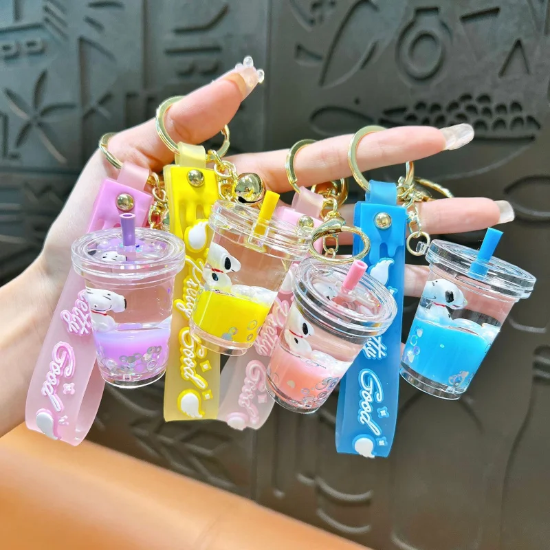 Creative Personalized and Cute Liquid into the Oil Quicksand Snoopy Milky Tea Cup Keychain Floating Toy Bag Package Pendant