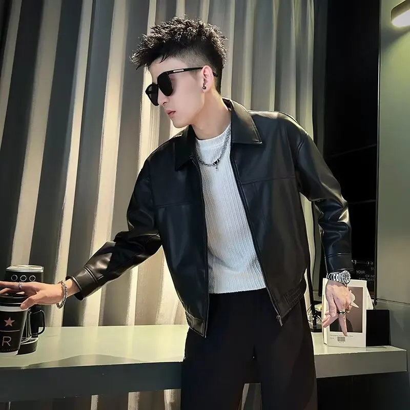 

Ретро байкерская кожаная куртка, мужская весенне-осенняя цветная куртка с воротником-стойкой, облегающее повседневное пальто из искусственной кожи, американское повседневное пальто