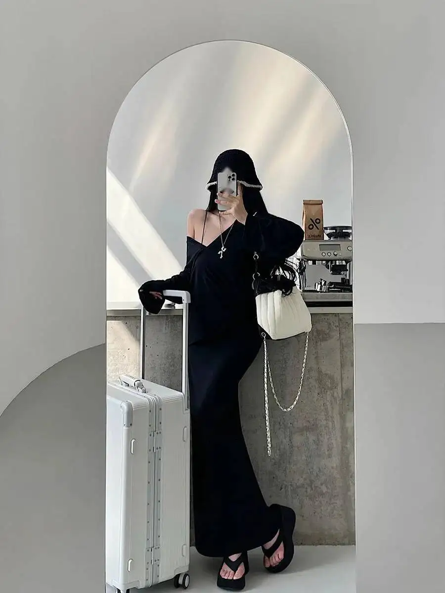 Luie Stijl Grote V-hals Losse T-shirt Top Hoge Taille Lange Zoete Mode Vrouwen Jurk Elegante 2025 Nieuwe Zoete Tops Mode 7IZY