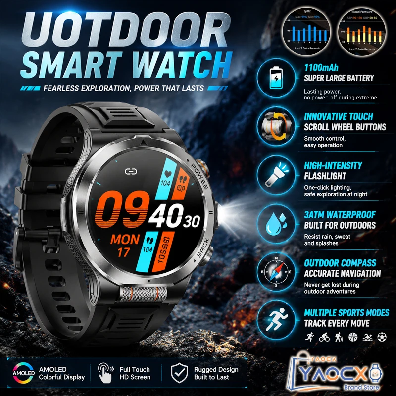 New Outdoor Smart Watch 1100mAh Battery Scroll Wheel Button 3ATM Waterproof Heart Rate Compass Flashlight Sport Modes Smartwatch