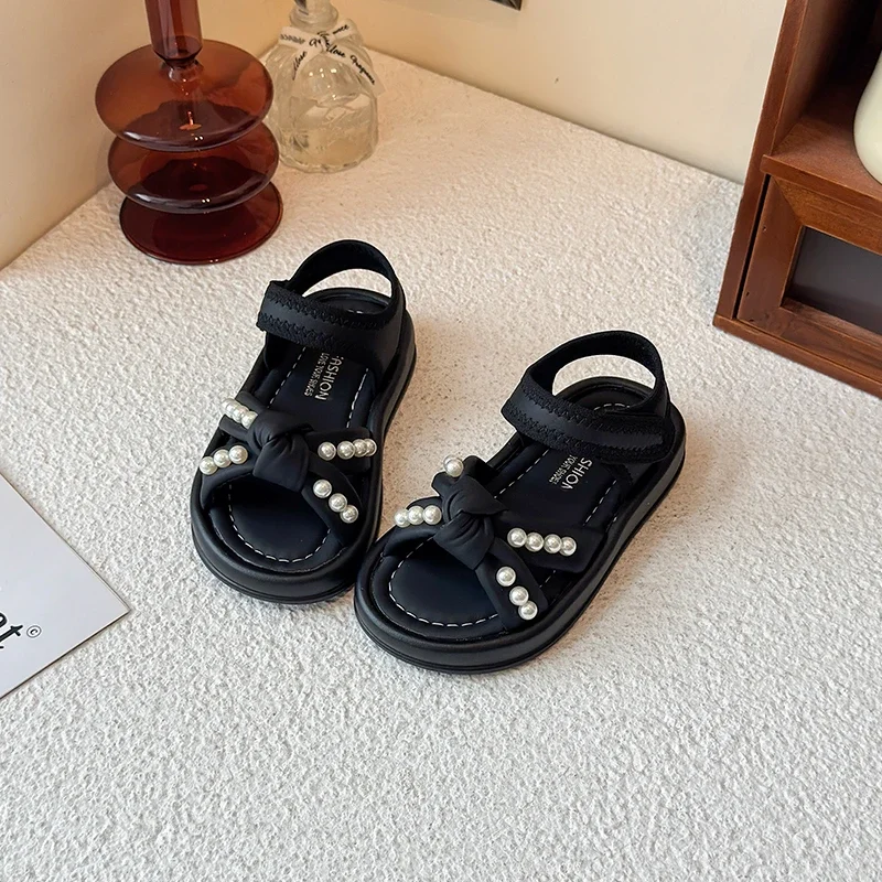 2025 New Pretty Girls Princess Sandals Summer Children Fashion Pearl Causal Shoes Wedding Party Cross-tied Kids Beach Sandals