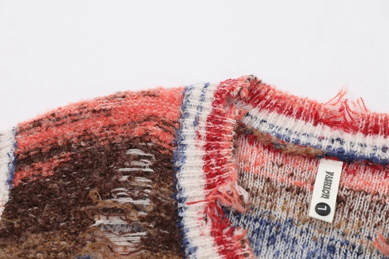 Vintage Farbverlauf Gestreifter Baggy Strickpullover Weste Gewaschener Lässiger Zerrissener Pullover Y2k V-Ausschnitt Ärmellose Strickware Workout – Detail 9