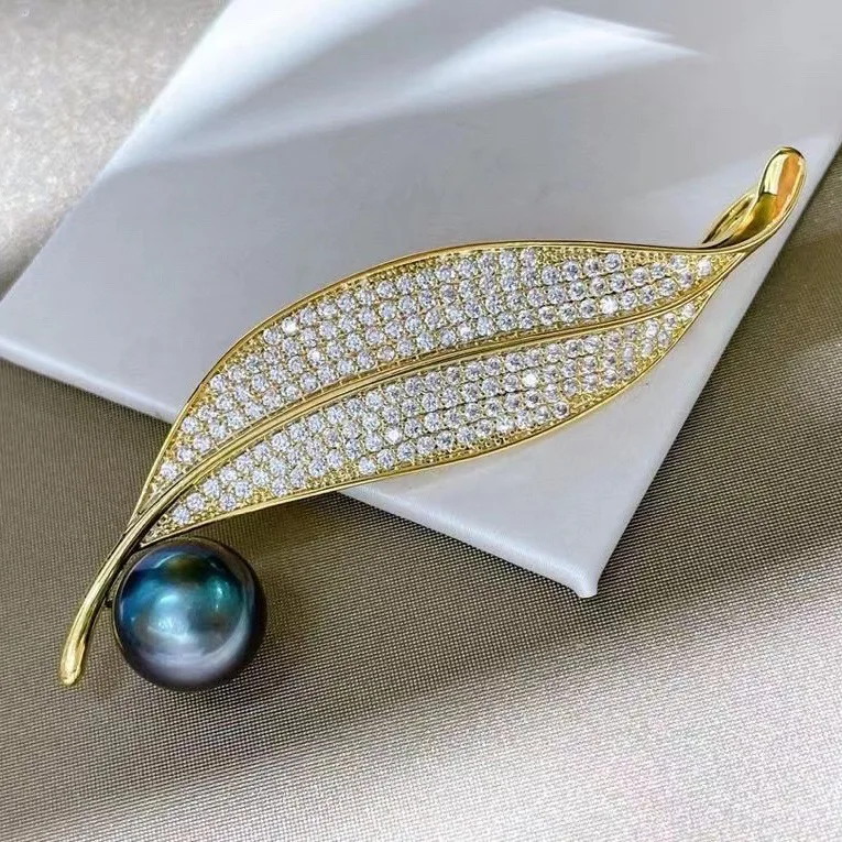 

1 pcs 10mm round black pearl and 14KGP leaf elegant charming brooch for women daily jewelry life or party