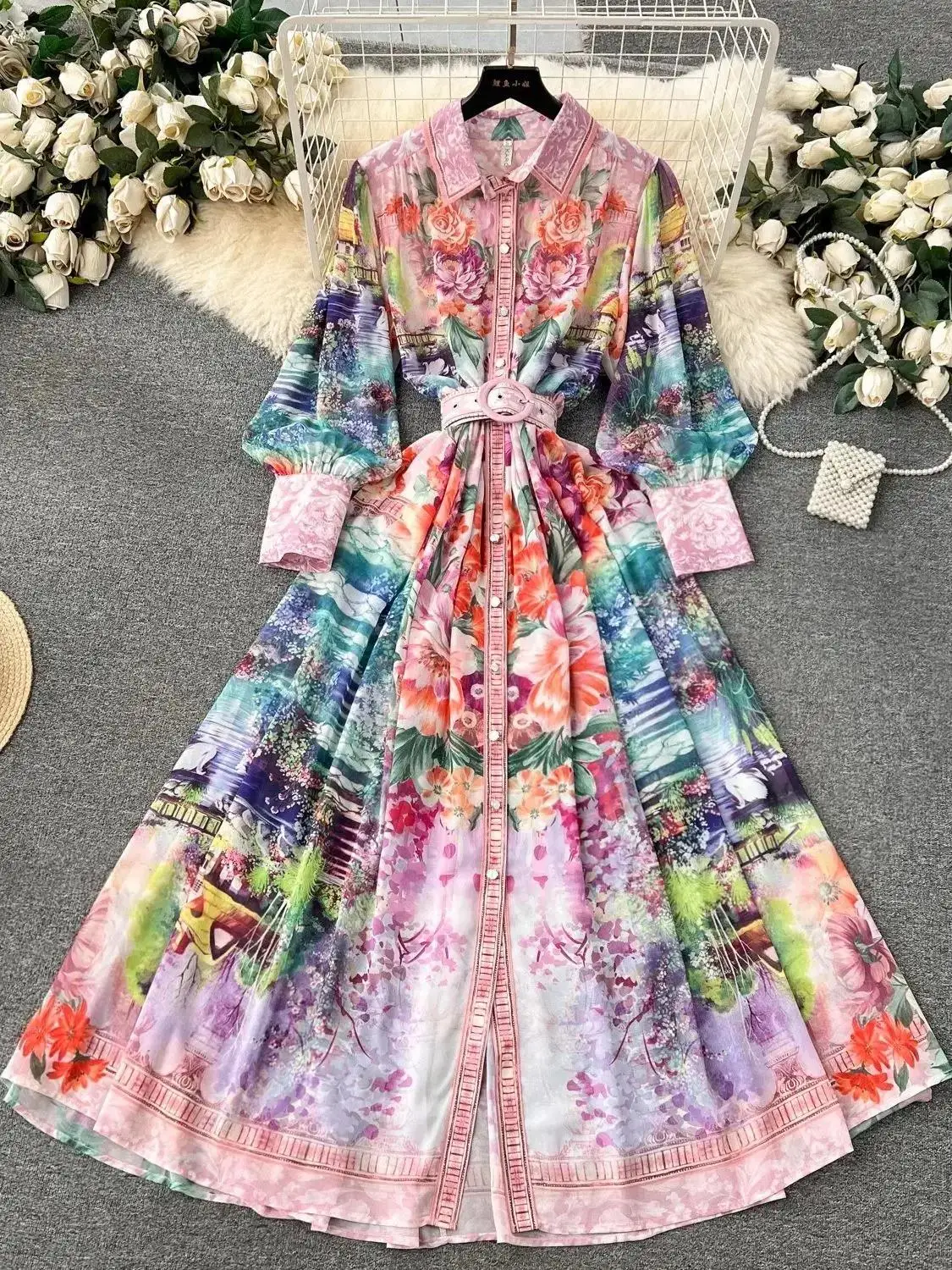 

Women's Stand Long Lantern Sleeve Belt Floral Print Loose Dresses Spring Autumn Holiday Gorgeous Flower Chiffon Robe Vestidos
