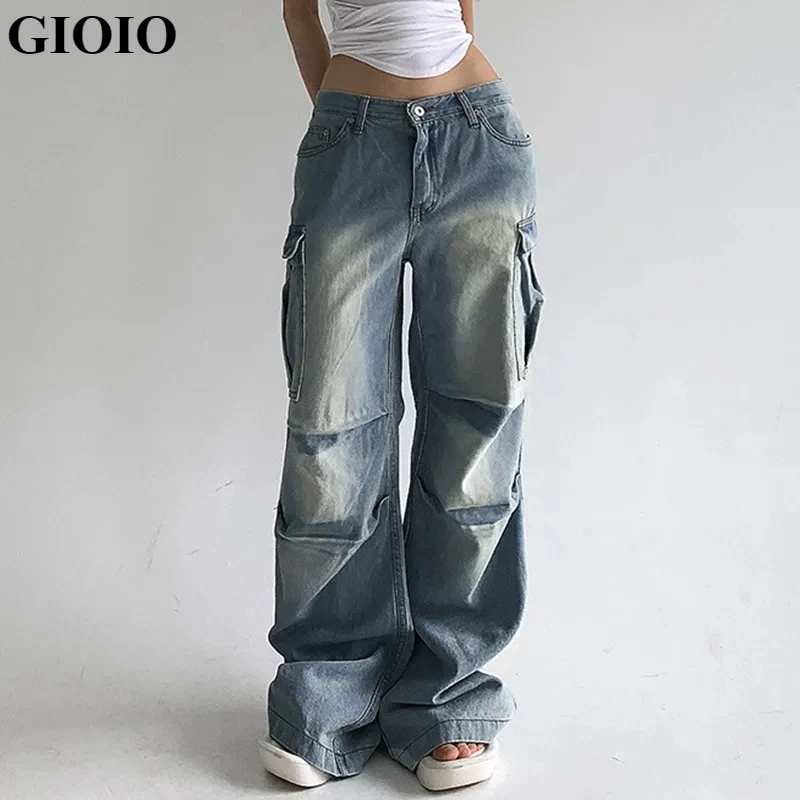 

GIOIO Street style low waist washed worn cargo jeans pants casual straight leg sweat trousers women