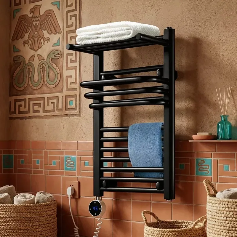 Space Saving Vertical Black Plug in Heated Towel Warmer Hotel Floor to Ceiling Stainless Steel Storage Rack