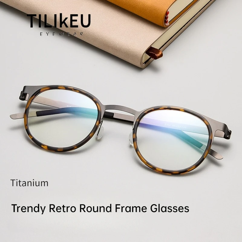 

New Denmark Series 9704JW Ultra-Light Pure Titanium Glasses Frame Men Designer Retro Round Frame Screwless Rim Eyewear Spectacle