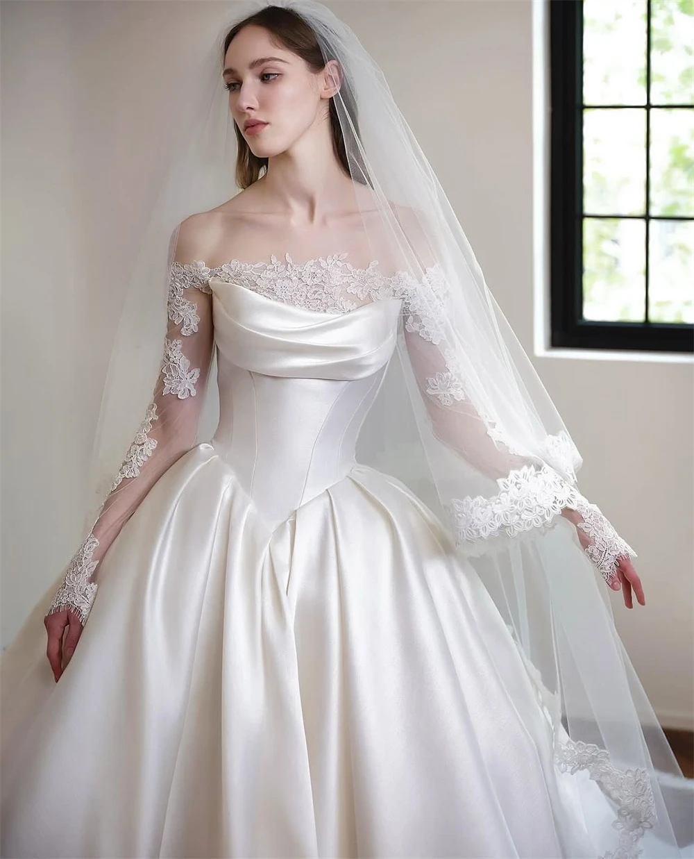 Мечтательное белое атласное свадебное платье по индивидуальному заказу, официальное свадебное платье с вырезом лодочкой и длинными рукавами, мягкое трапециевидное платье со шлейфом, Vestido De Novia