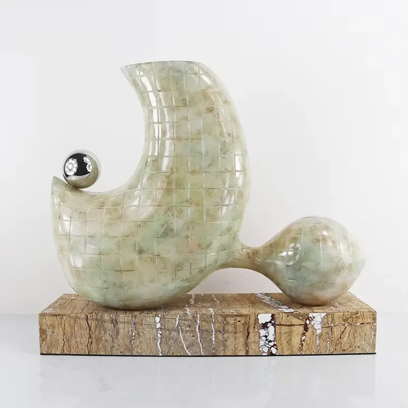 Modern Abstract Marble Pattern Resin Sculpture with Metal Accent for Home Decor