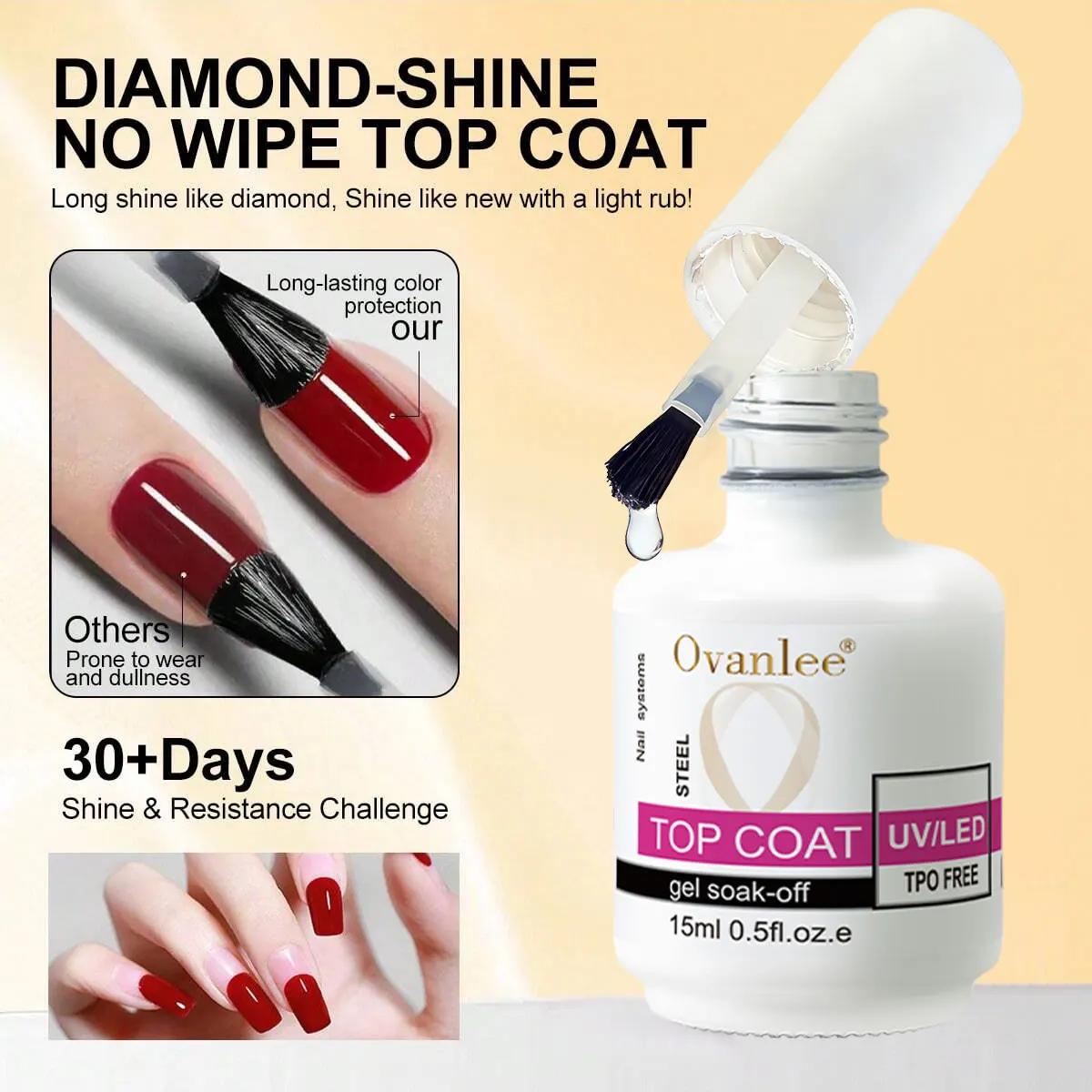 Ovanlee Diamond-Shine No Wipe Top Coat & Builder Gel Set – 15ml TPO Free UV/LED Gel for Nail Strengthening, High Gloss Finish & 30+ Days Wear