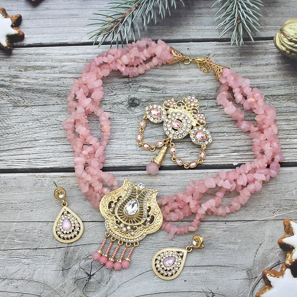 

Sunspicems Pink Color Stone Choker Necklace Caftan Brooch Earring Morocco Bridal Wedding Jewelry Set Gold Plating Arab Bijoux