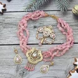 Sunspicems Pink Color Stone Choker Necklace Caftan Brooch Earring Morocco Bridal Wedding Jewelry Set Gold Plating Arab Bijoux