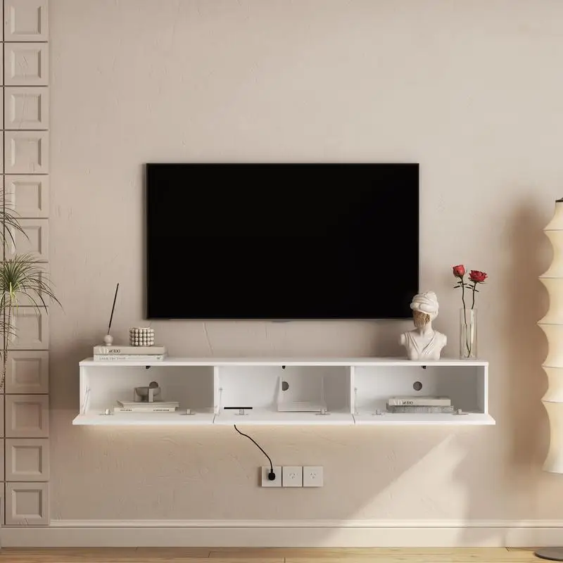 Zwevende tv-standaard van 67 inch, aan de muur gemonteerd modern entertainmentcentrum met 16 kleuren LED-verlichting, geschikt voor tv's van 55 tot 65 inch, wit