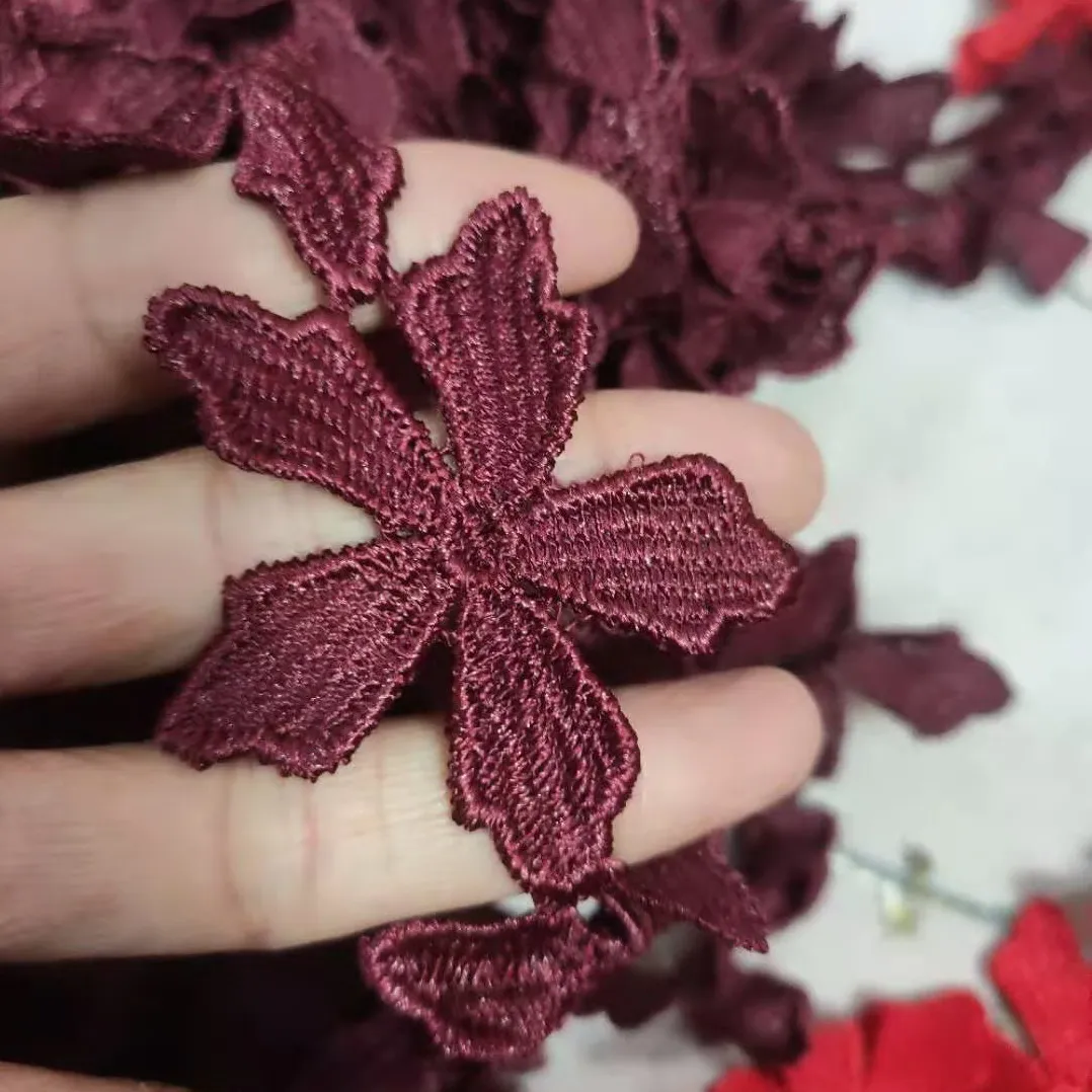 2.5cm Red Flower Embroidered Lace Edge Trim Ribbon Fabric Patchwork Wedding Dress DIY Sewing Supplies Craft 10yards