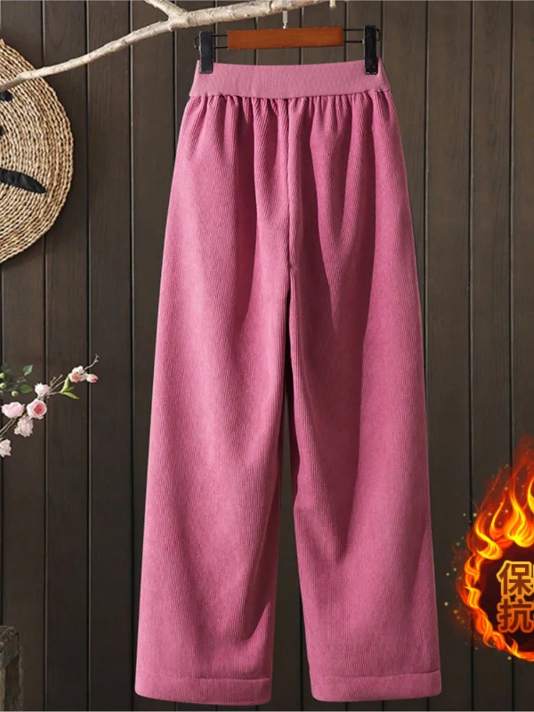 Pantalones largos de pana de gran tamaño para otoño e invierno, pantalones de cintura alta a la moda para mujer, pantalones holgados informales de pierna ancha para mujer