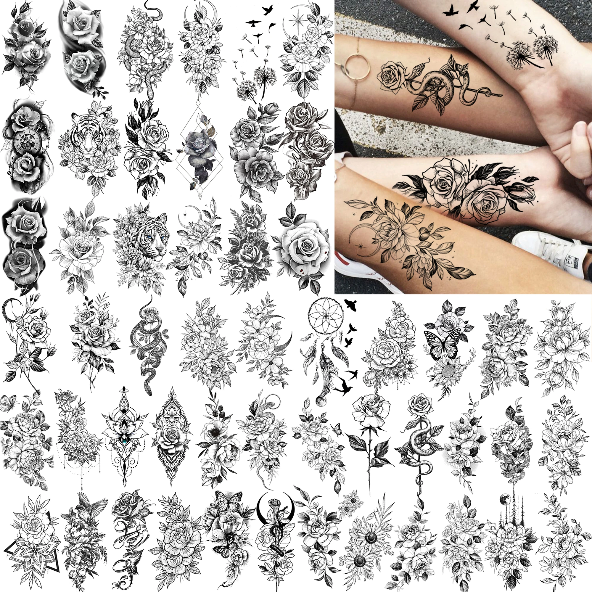 

52 Sheets Small Flower Rose Peony Temporary Tattoos For Women Girls Sexy Black Tattoo Sticker Waterproof Self Adhesive Body Art