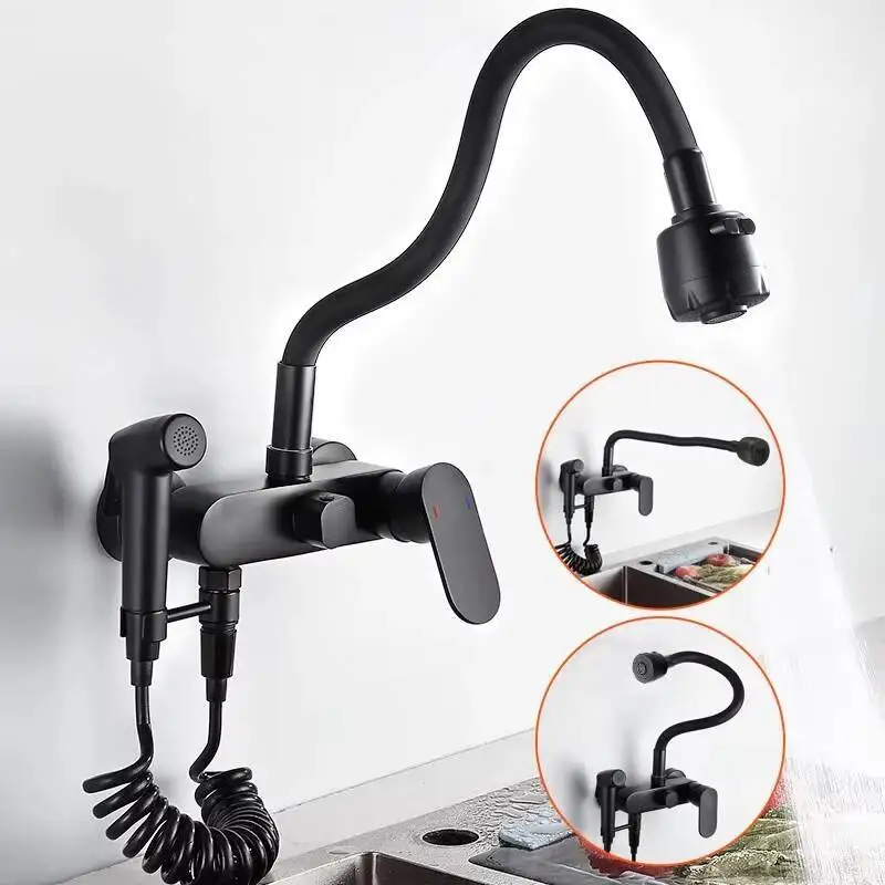 

BAKALA Matte Black Kitchen Faucet Wall Mounted Brass 360 Rotation Spout Single Handle Hot Cold Water Mixer With Sprayer Head
