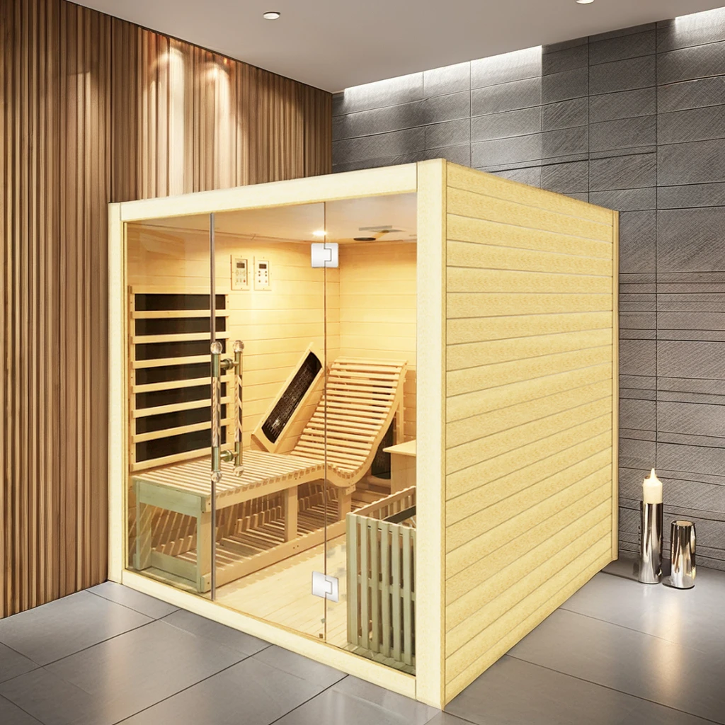 Modern Design Indoor Sauna Room High Quality Relaxation Solid Hemlock Wood 220V  & Dry Steam Combined
