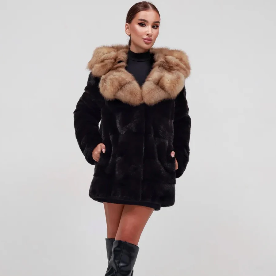 IG Women Wide Fluffy Lapel Collar Horizontal Textured Mid-Length Coat, Side Pockets Long Sleeve Winter Warm Luxury Outerwear