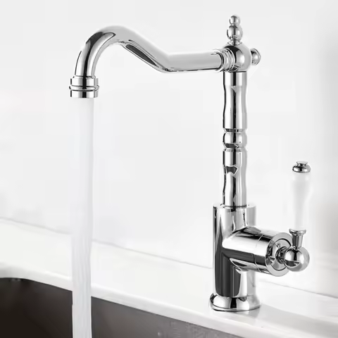 Chrome Brass Kitchen Faucet Ceramic Handle Deck Mount Bathroom Basin Faucet 360 Rotate Mixer Taps Hot Cold Water Faucet tnf727