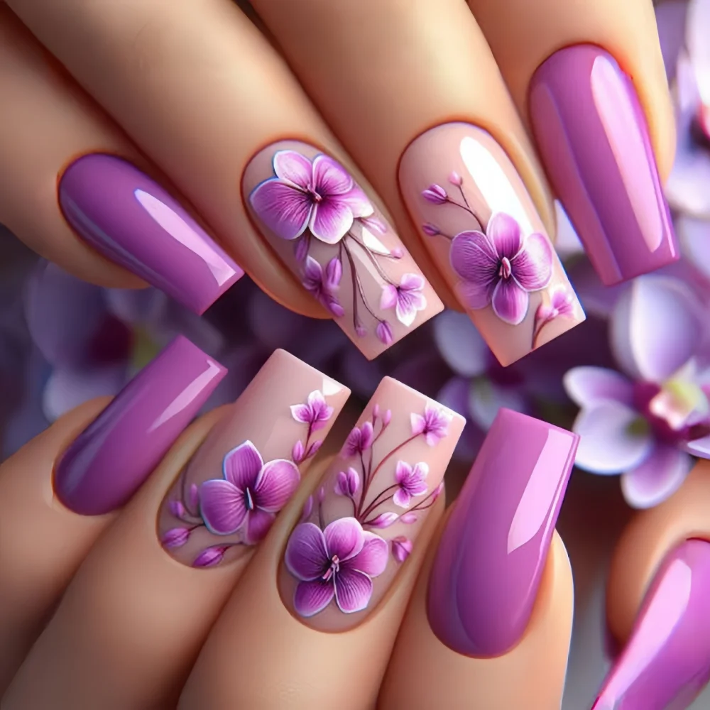 24 pezzi di unghie finte viola stampa su glitter punta per unghie finte per balletto di media lunghezza con set di manicure indossabili per unghie dal design semplice a fiori