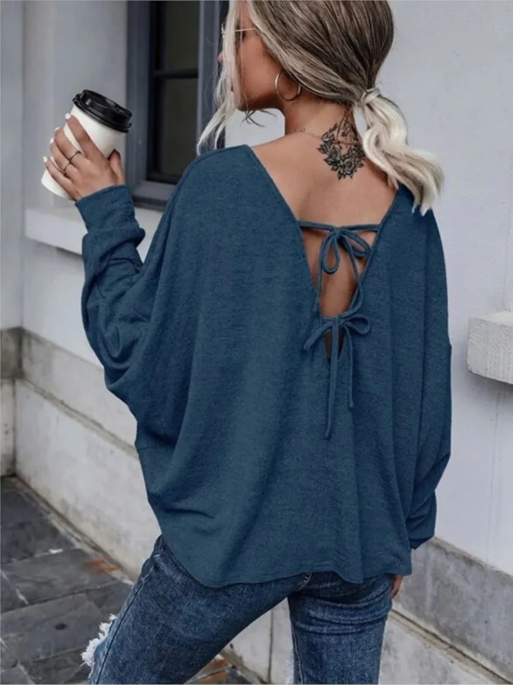 Spring Autumn Women's New Solid Color Loose Sexy Hollow Lace Open Back Shoulder Casual Comfortable Round Neck T-shirt