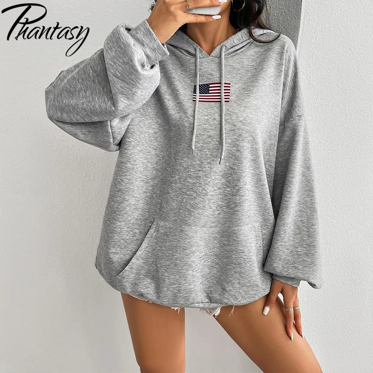 Phantasy Grey Women Hoodies Loose Pullover Usa Flag Pattern Sweatshirt Pocket Sporty Streetwear Autumn Casual Hooded Tops