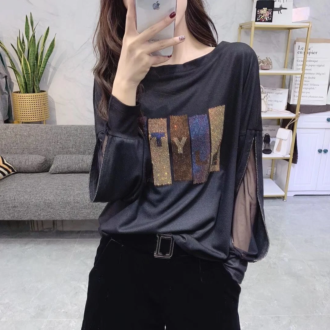 Tee Black Tshirt Loose Rhinestone Clothing Glitter Sequin Woman T-shirt Mesh Top For Women Offer High Quality 2024 Polyester O