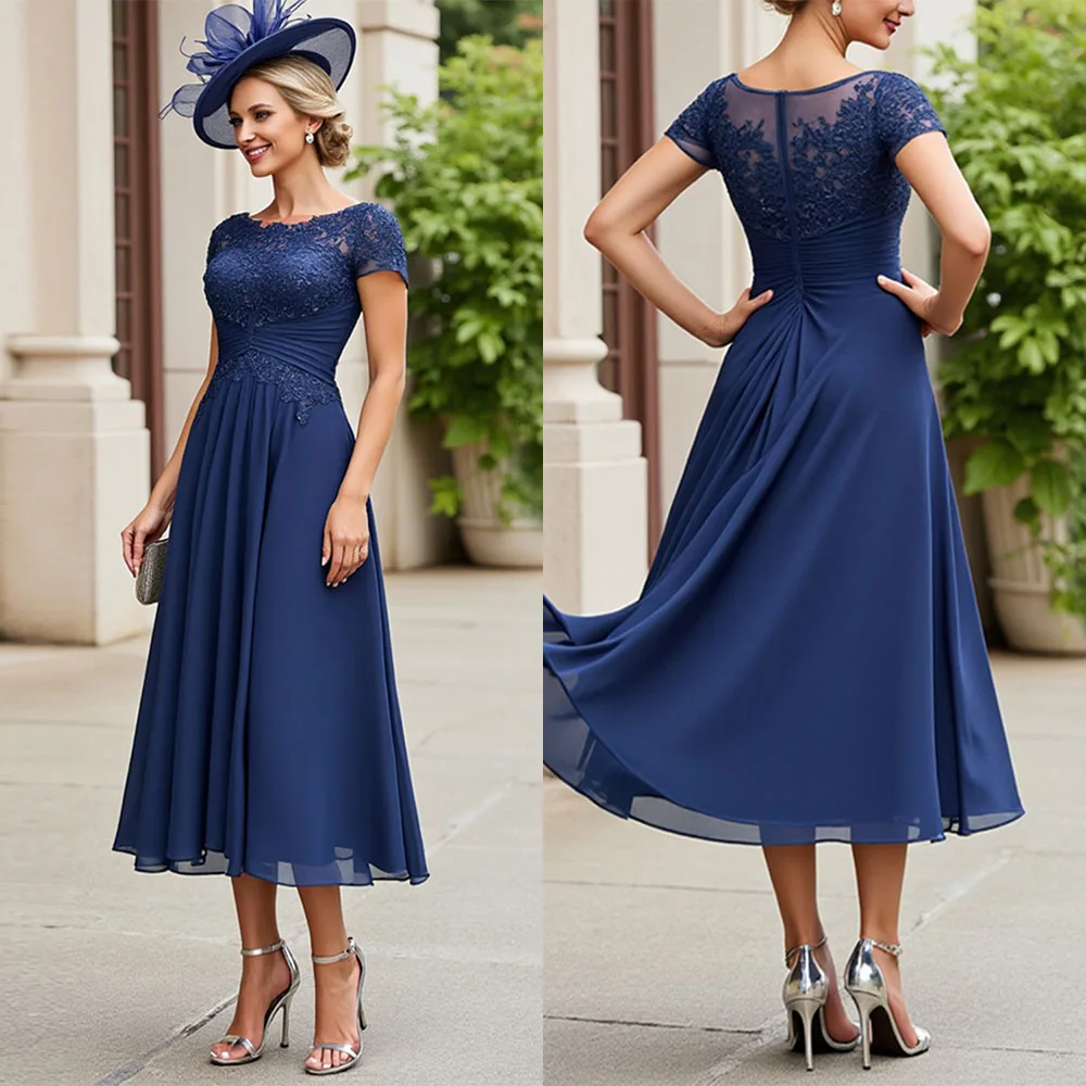 

High Quality Customized O-neck Lace Appliques Blue A-line Ankle Length Short Sleeves Tulle Vestidos Para Matrimonio Invitada