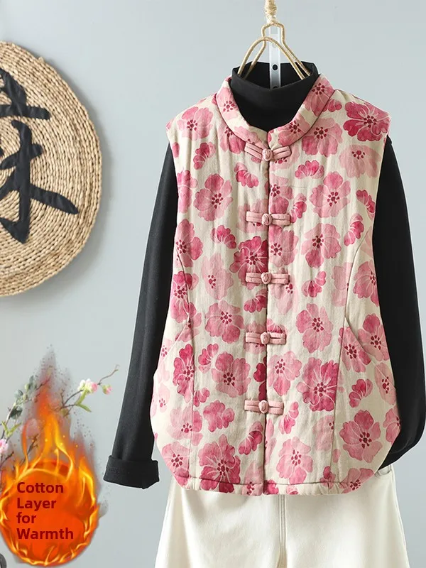 

Ретро художественный жилет на хлопковой подкладке, женский новый жилет с воротником-стойкой и принтом на пуговицах, большой антивозрастной жилет для похудения