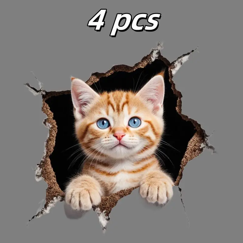 

4pcs Cute Peeking Kitten Car Decal, Realistic 3D Torn Hole Effect Vinyl Sticker for Cars Trucks SUVs Windows, Adorable Blue-Eyed