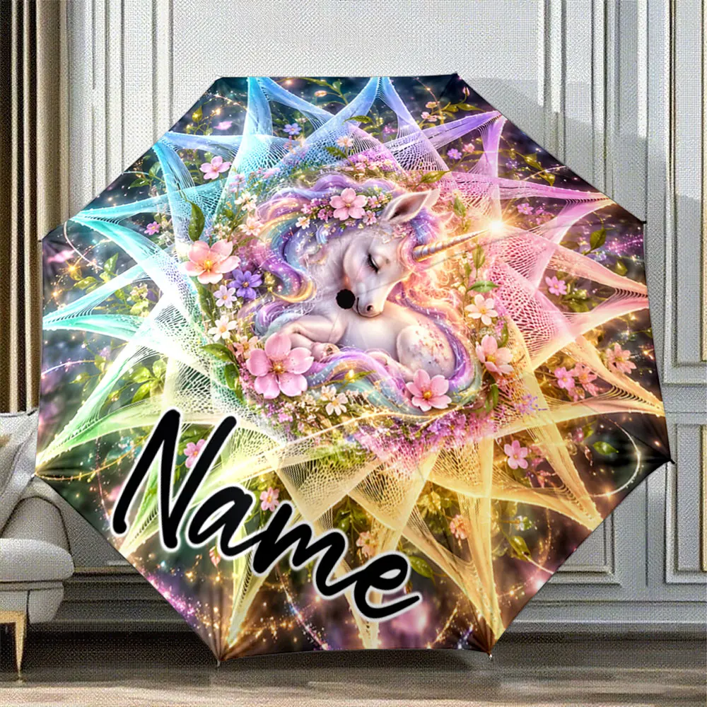 Custom Name Umbrella Dozing Unicorn Gradient Mane Starry Flowers 8 Iron Ribs Folding Umbrella Auto-Open Fashion Sunshade