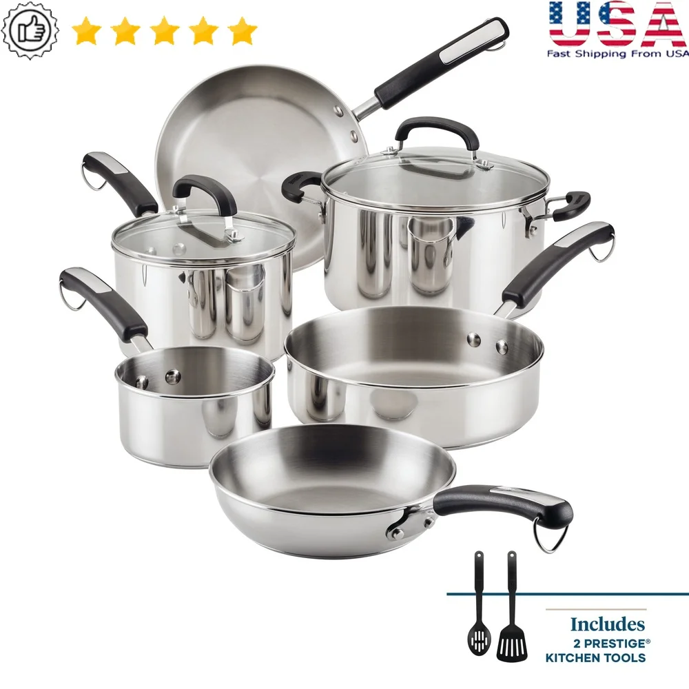 

10 Piece Stainless Steel Cookware Set Dishwasher Safe Induction Compatible Tempered Glass Lids Stay Cool Handles Durable