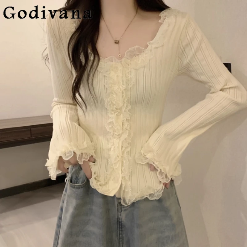 Coréen doux dentelle épissage volants à manches longues haut tricoté femmes automne hiver 2025 nouveau grande taille mince Lolita bas pull