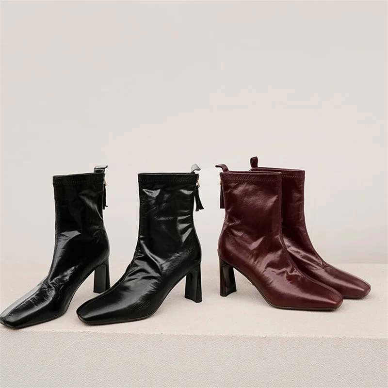 Burgundy Genuine Leather Square Toe Chunky Heels Solid Pleated Boots Retro Botas Sewing  Runway Cozy Fashion Modern Shoes Zipper