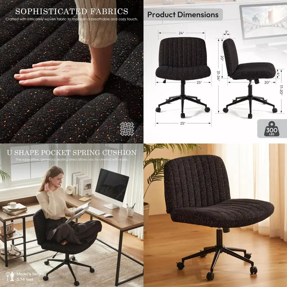 Swivel Ergonomic Computer Chair with Fabric, Pocket Spring Cushion, Adjustable Seat and Wheels, Modern Vanity Chair in Black