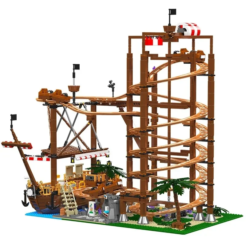 MKing Large Amusement Park Series11013Double Helix Roller Coaster Highly Difficult Assembling Building Block Toy