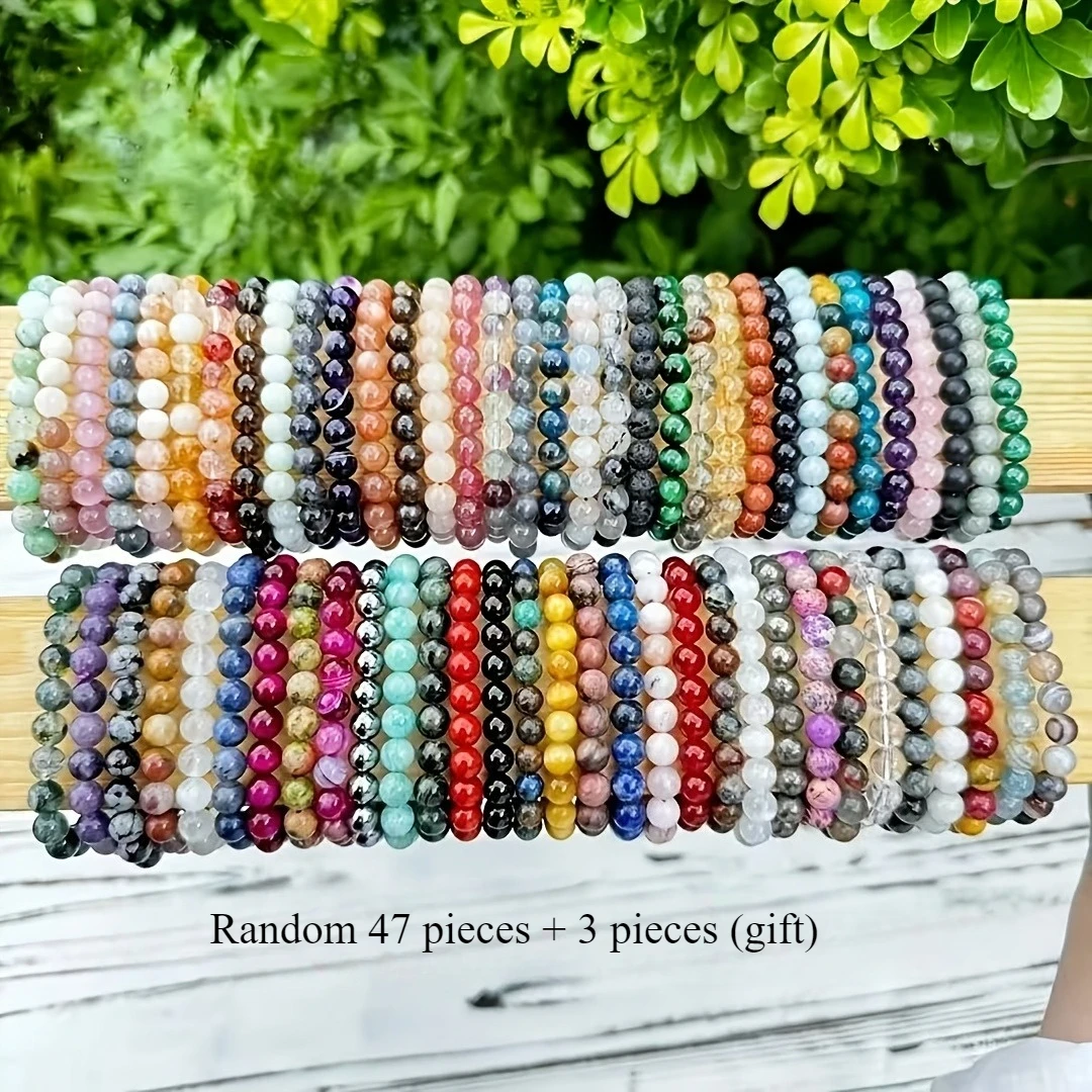 Random 47 Pieces + 3 Pieces (Gift) Colored Glass Bracelet Set, Unisex, Handmade Elastic Wristband, Various Colors and Combinations