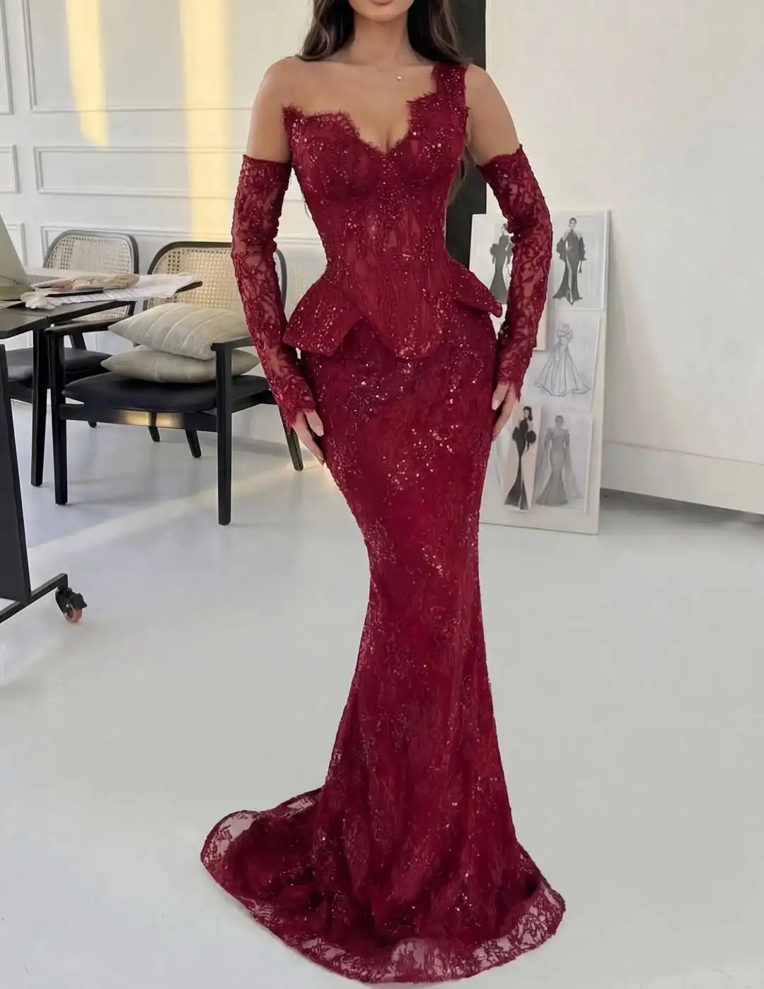 

Ofherown Burgundy Lace Sequin One Shoulder Corset Evening Dress with Gloves Formal Mermaid Prom Gown for Party Red Carpet 2026